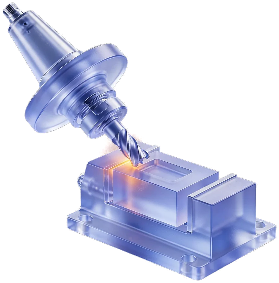 A milling setup shown as a digital twin: toolholder, end mill and a part in a vise, the point of contact glowing amber