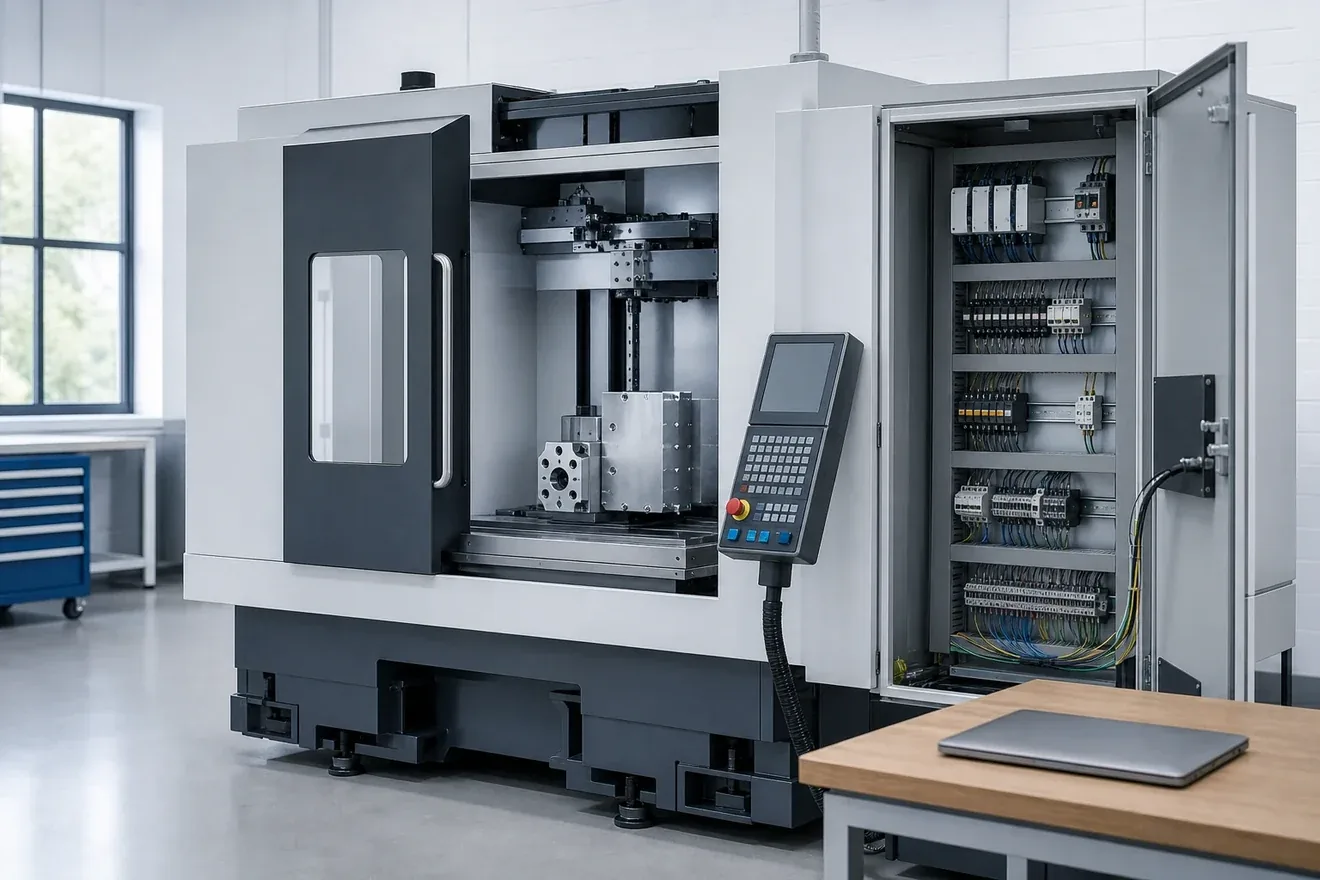 A machining centre with its control cabinet open during commissioning