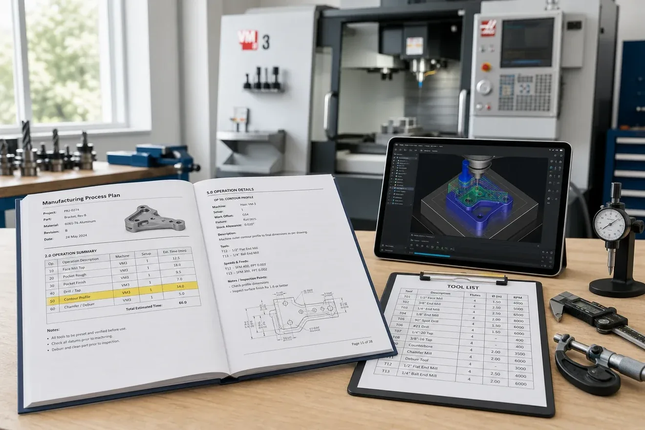 A training bench with printed setup sheets and a tablet showing the simulated part