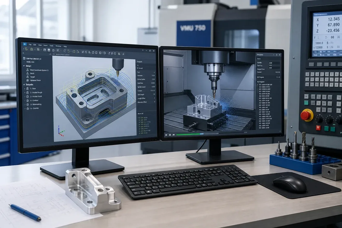 Two screens beside a machine, CAM on one and the simulation of the same job on the other