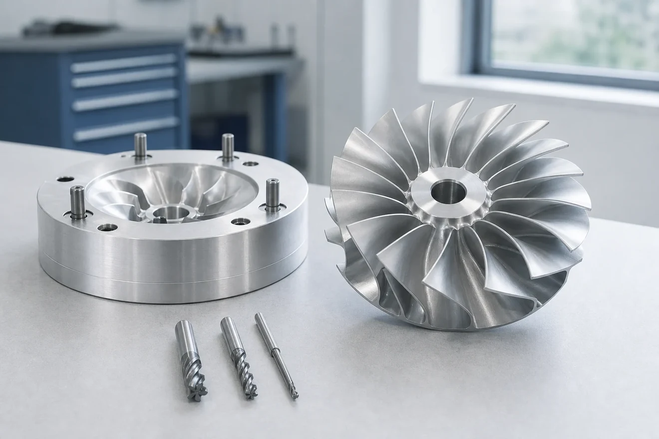 Machined parts on an inspection bench: an impeller, a flange and the cutters that made them