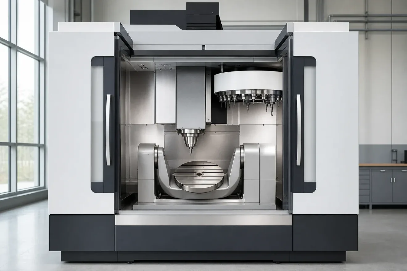 A machine tool and its digital twin side by side, the model matching the real spindle and table